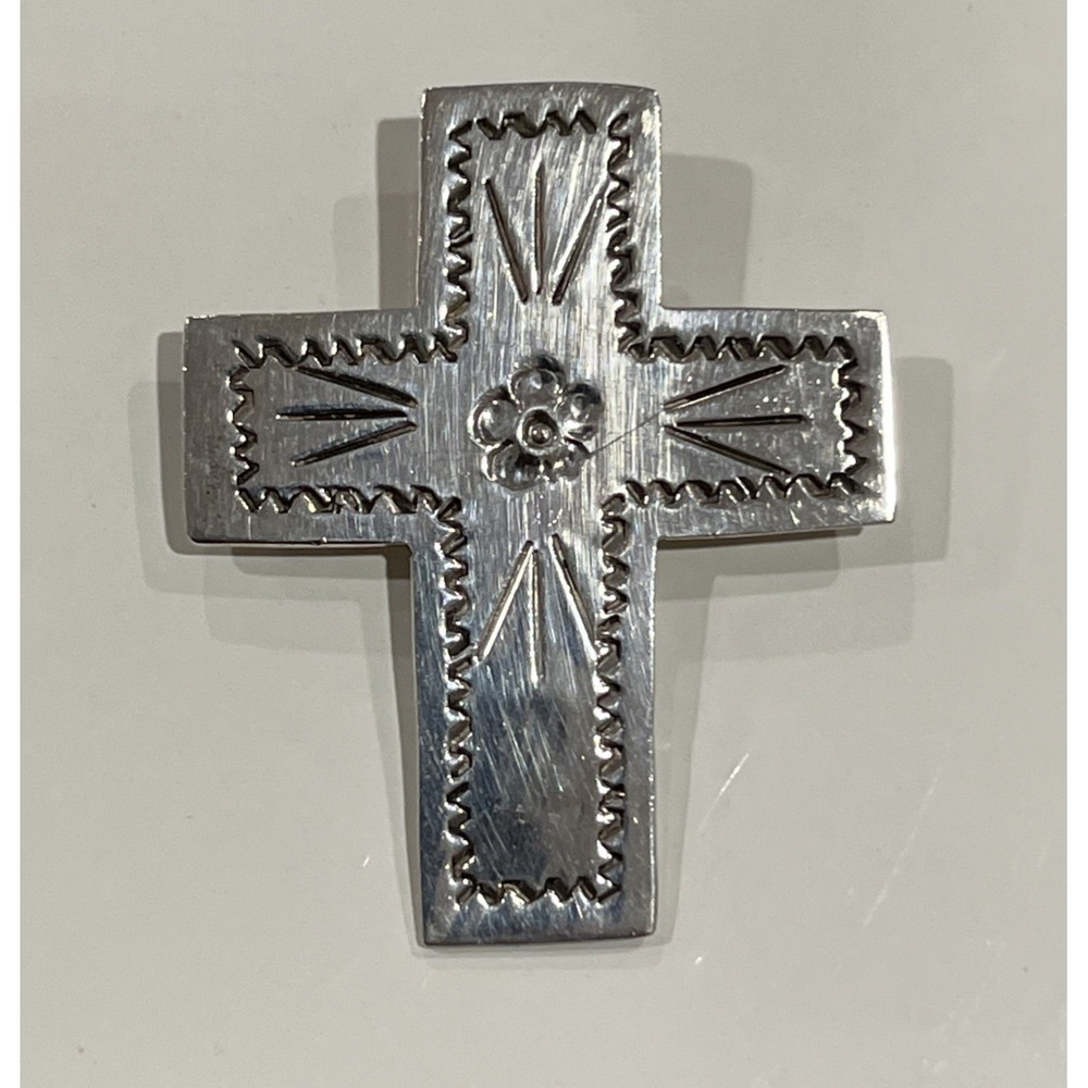 VTG HANDCRAFTED & STAMPED 925 MEXICO CROSS & FLOWER PENDANT / PIN 2.25" x 1.75"